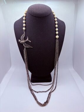Vintage Assymetrical Flying Bird Swallow Layered Necklace Faux Pearls Antiqued